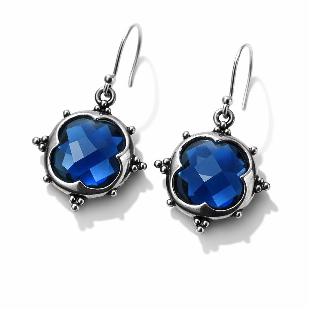 Blue Faceted Glass Clover Earrings Silver Tone Dangle Quatrefoil Statement Boho